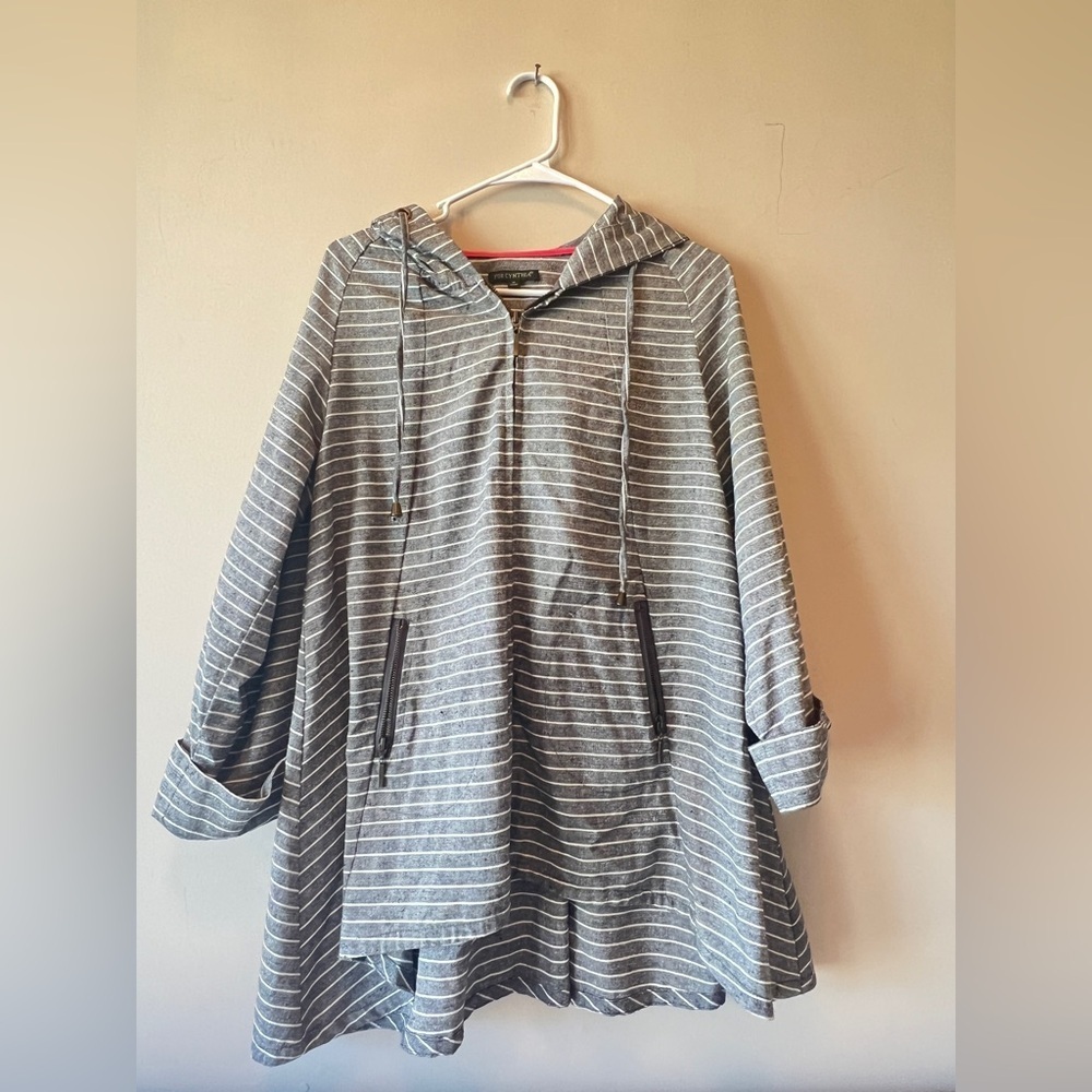 Cynthia Rowley Gray & White Striped Hooded Swing Coat